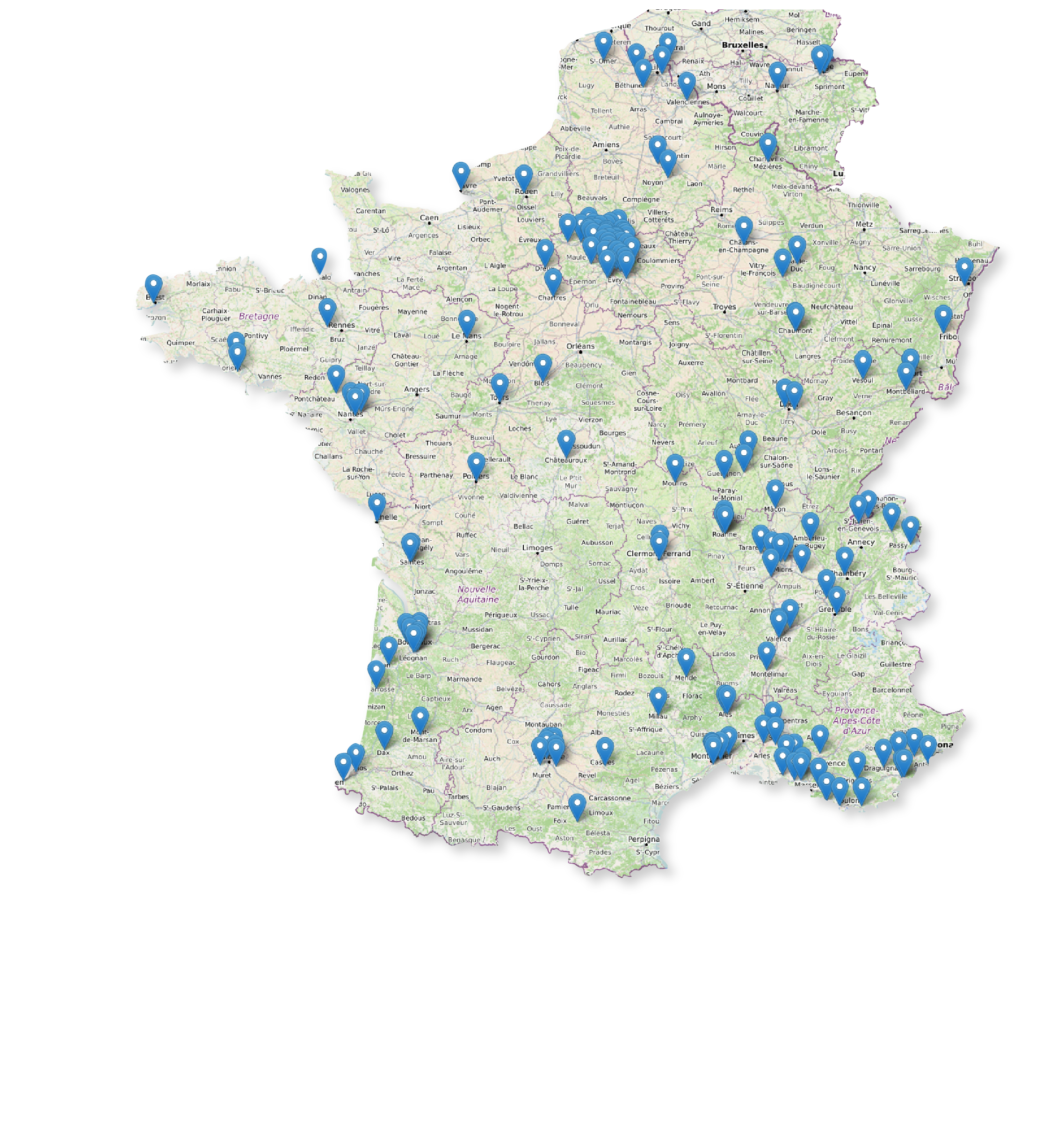 carte de la France avec nos différents clients